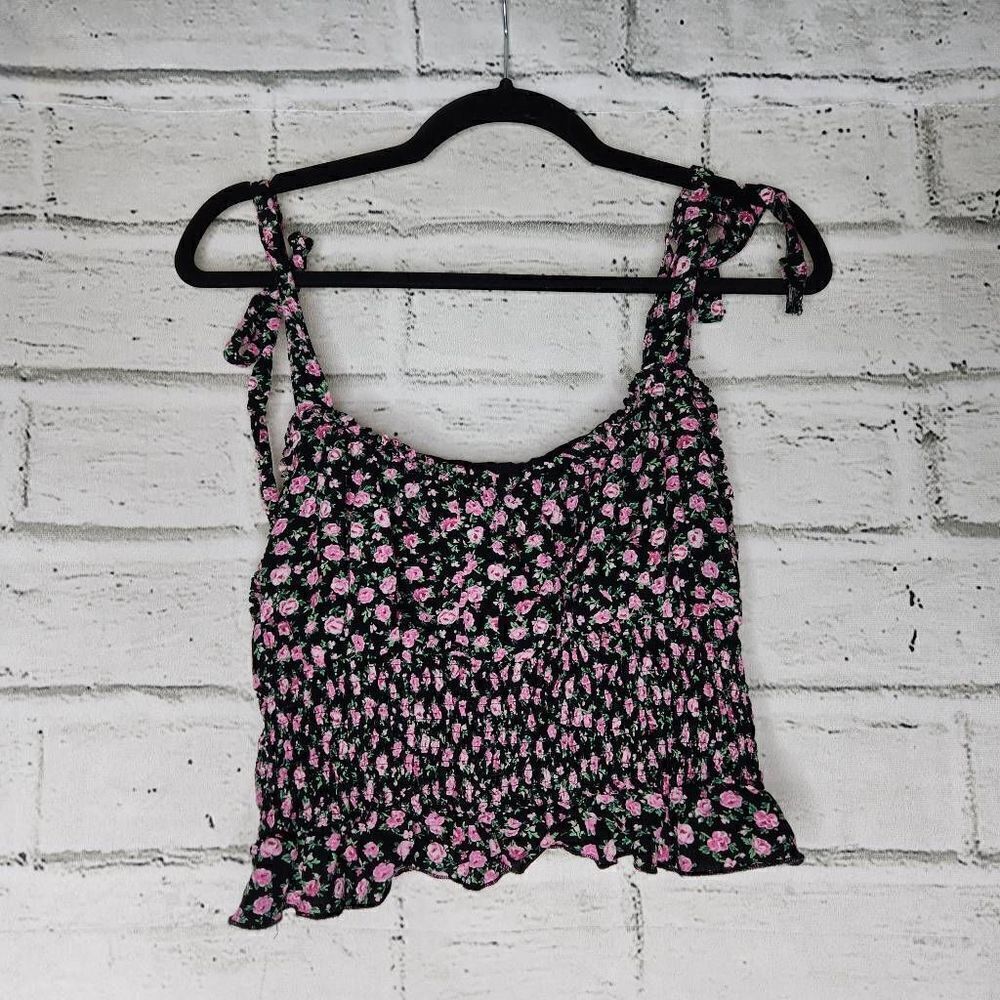 Lottie Moss Floral Ruffle Hem Adjustable Strap Smocked Tank Top Cropped Large